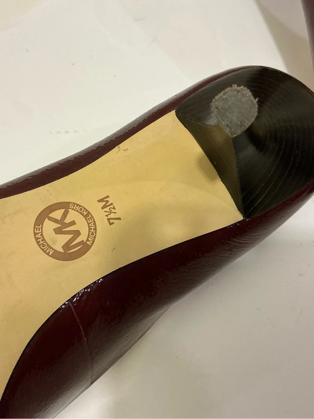 Michael Kors Burgundy Patent Leather Mid-Heel Pumps with Gold MK Emblem